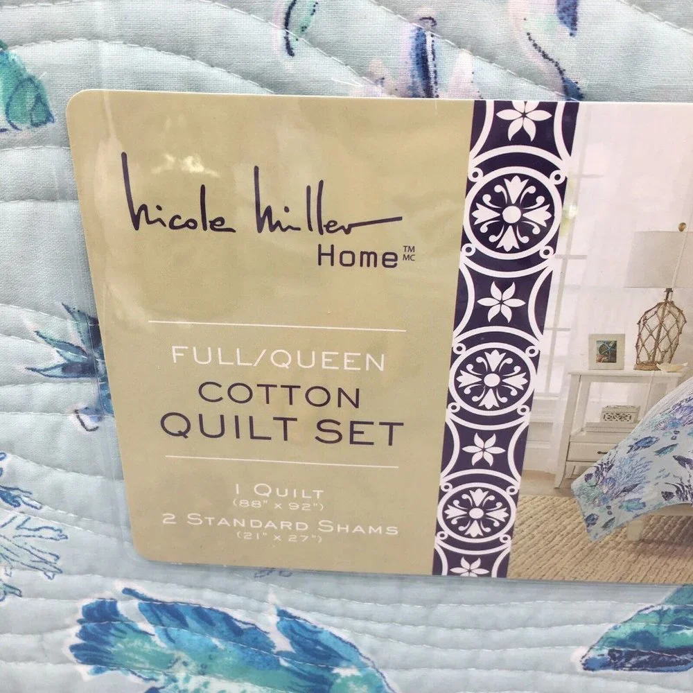 3 pc Nicole Miller Ocean FULL QUEEN Quilt Sham Set Tropical Fish Seashell Blue